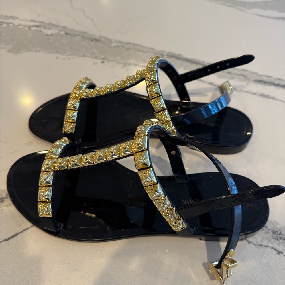 Stuart Weitzman Jelly Sandals with Gold Rose Studs